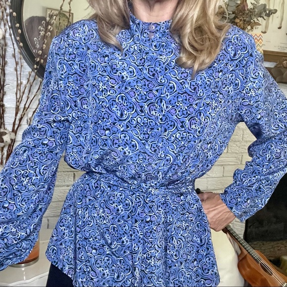 Pendleton Bow Tie detail Blue Pattern Print Secretary Blouse long sleeves - Picture 9 of 16